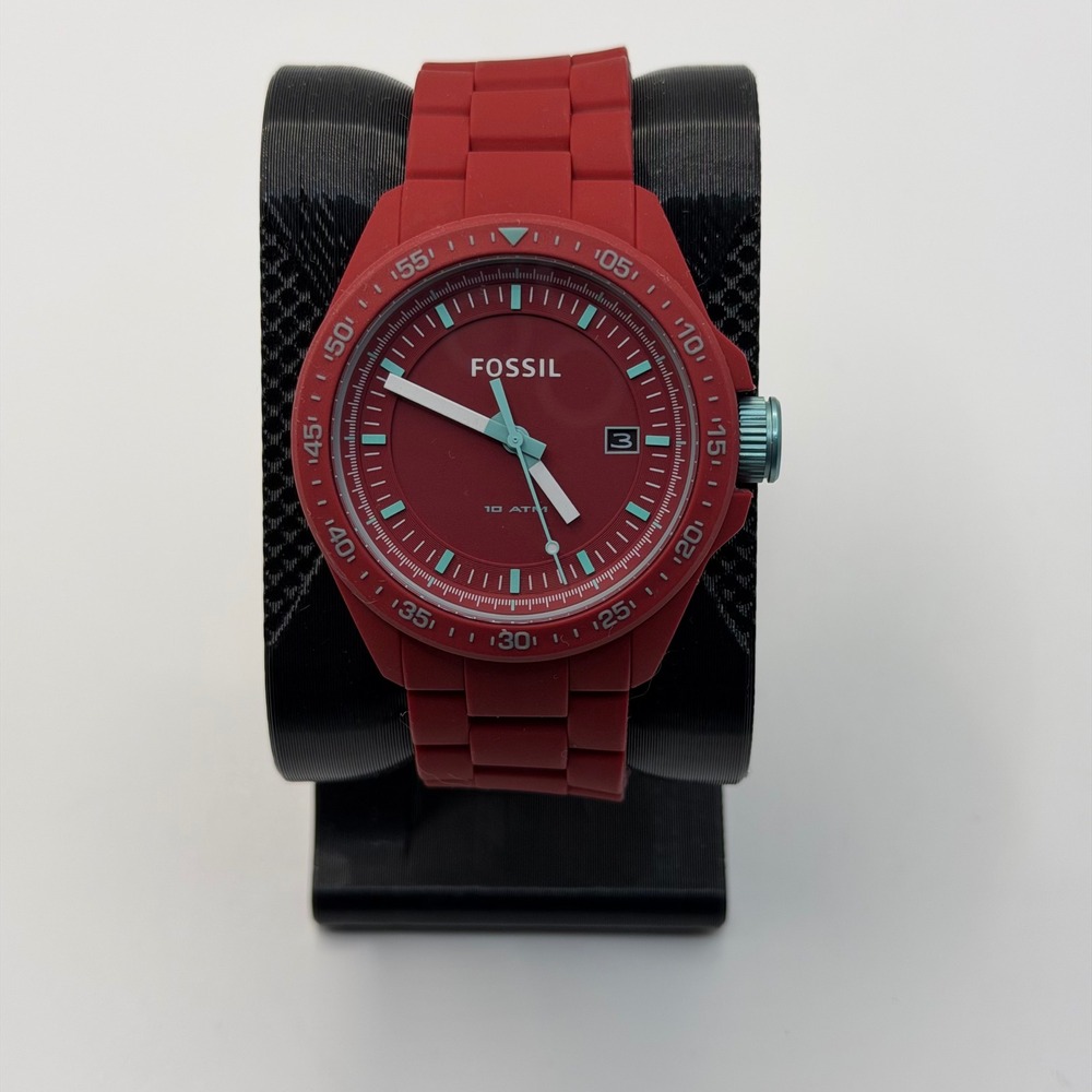 Fossil Watch Unisex Red Silicone Decker AM4441 Sporty Analog Teal Accents